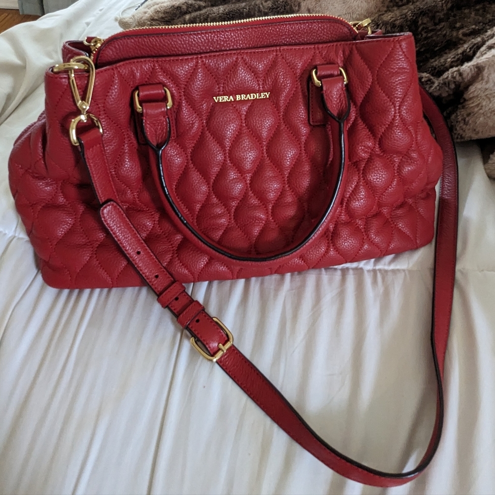 Women's Vera Bradley leather quilted red satchel crossbody shoulder handbag purs